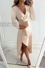 Hnewly - Fashion Solid Patchwork V Neck Asymmetrical Dresses(5 Colors) Khaki / S Dresses/Long