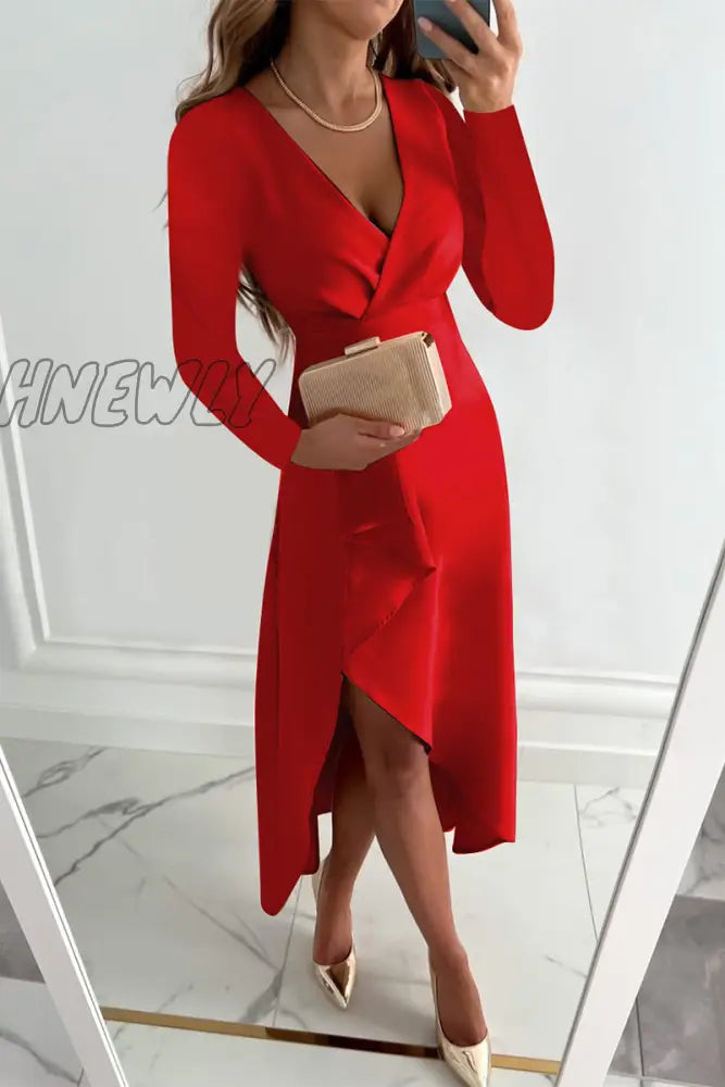 Hnewly - Fashion Solid Patchwork V Neck Asymmetrical Dresses(5 Colors) Red / S Dresses/Long Sleeve