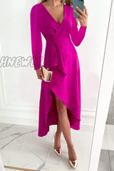 Hnewly - Fashion Solid Patchwork V Neck Asymmetrical Dresses(5 Colors) Rose Red / S Dresses/Long