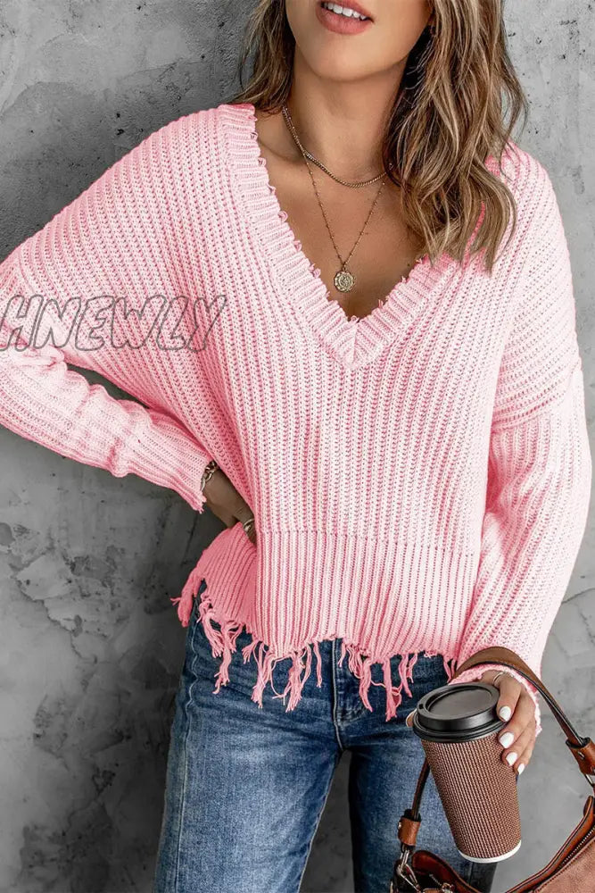 Hnewly - Fashion Solid Tassel V Neck Sweaters(8 Colors) Pink / S Tops/Sweaters & Cardigans