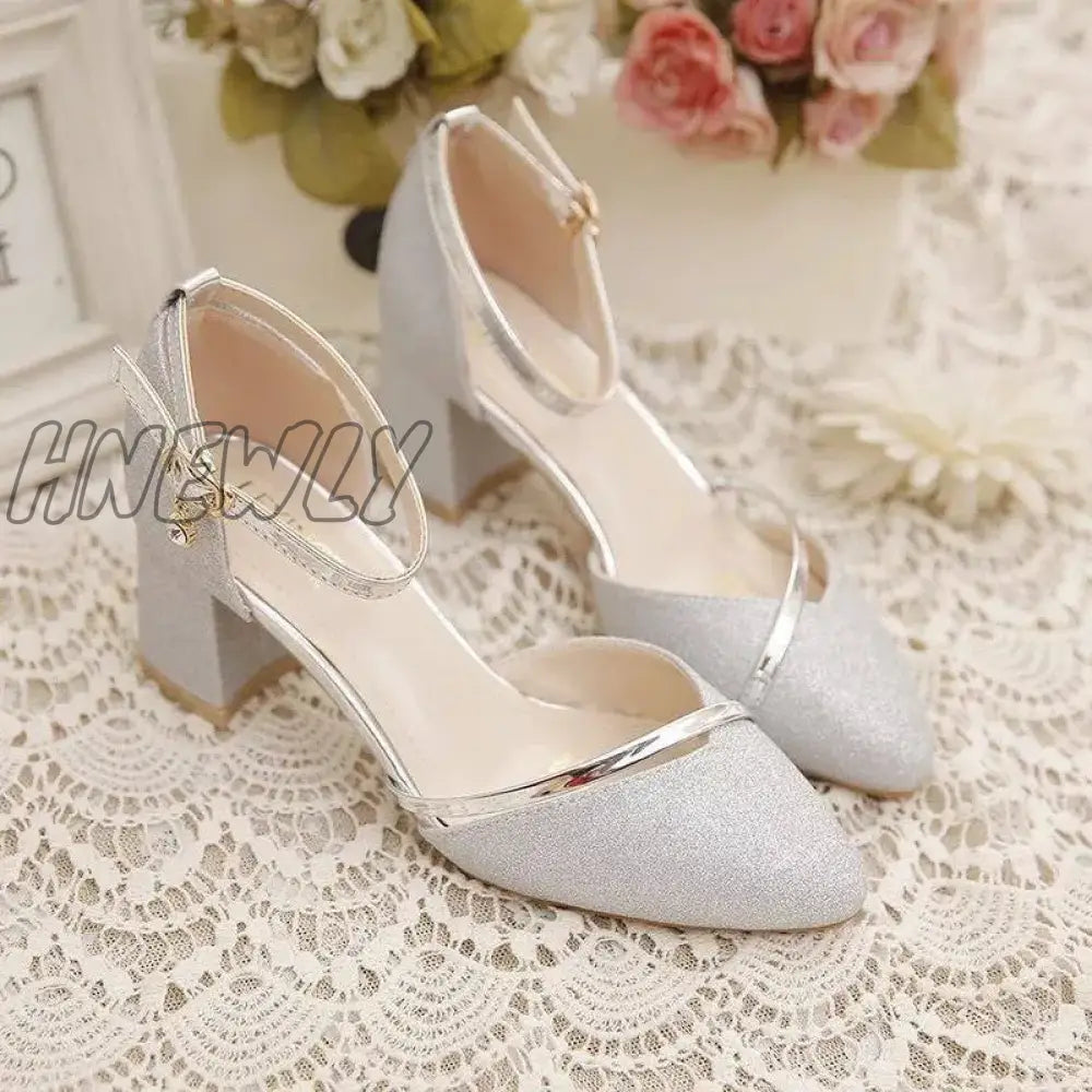 Hnewly Fashion Spring And Summer Black High-Heeled Shoes Women’s High-Quality Silver Wedding Gold