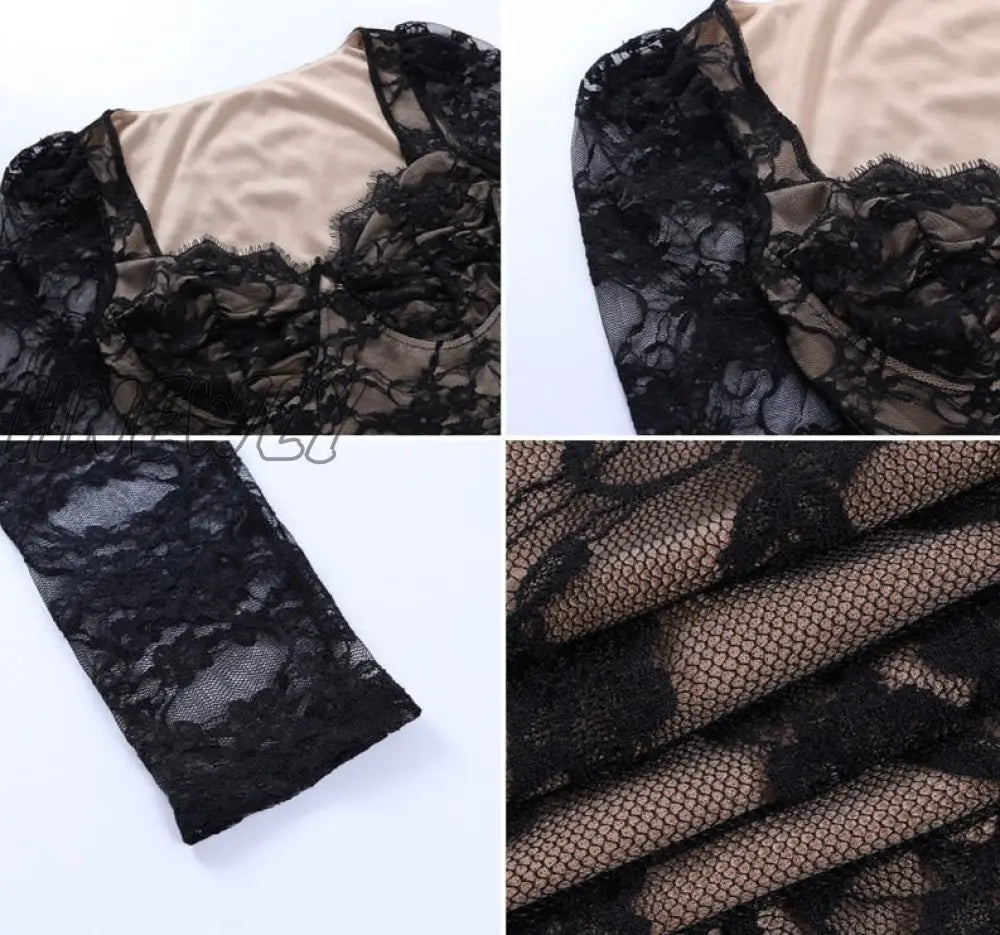 Hnewly Fashion Spring Summer Women Bustier Lace Tshirts V Neck Long Sleeve Transparent Office Lady