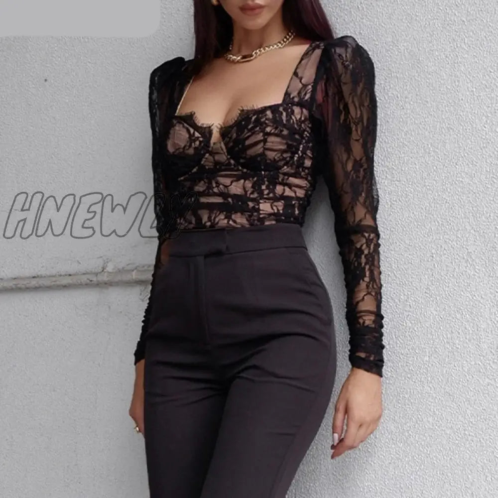 Hnewly Fashion Spring Summer Women Bustier Lace Tshirts V Neck Long Sleeve Transparent Office Lady