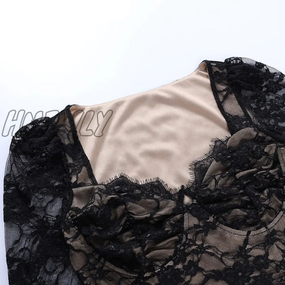 Hnewly Fashion Spring Summer Women Bustier Lace Tshirts V Neck Long Sleeve Transparent Office Lady