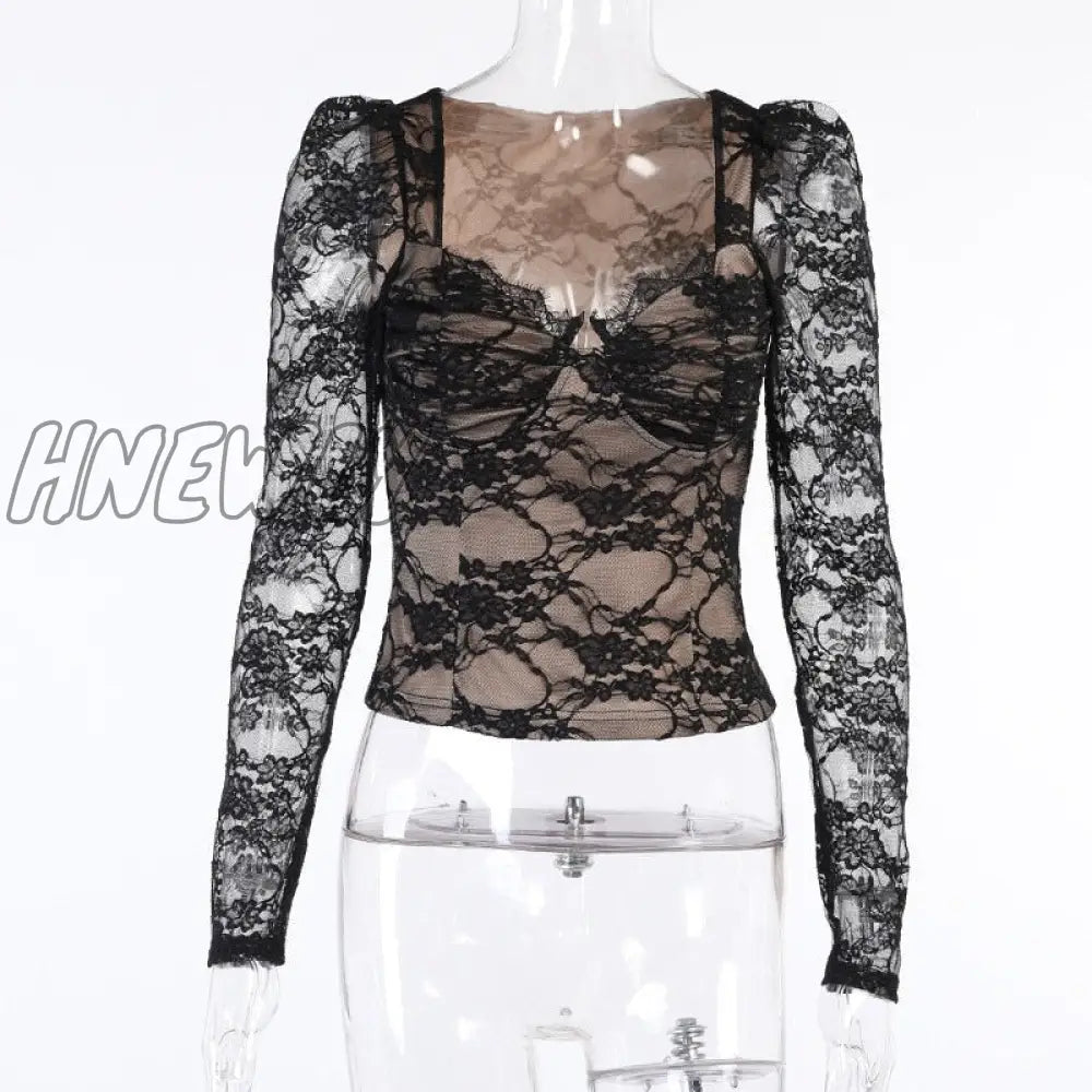 Hnewly Fashion Spring Summer Women Bustier Lace Tshirts V Neck Long Sleeve Transparent Office Lady