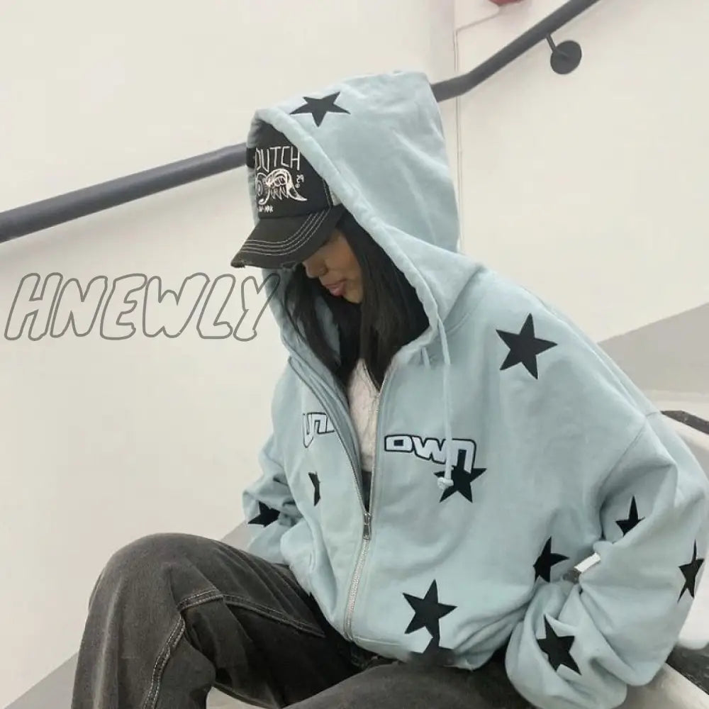 Hnewly Fashion Star Print Sweatshirt Women Autumn Vintage Zip Up Long Sleeve Jacket Coat Harajuku