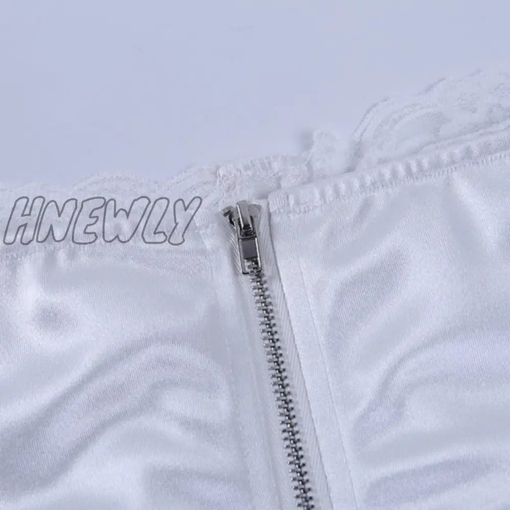 Hnewly Fashion Strapless Lace Satin Spliced Crop Top Elegant Women Back Zipper Summer Short Casual
