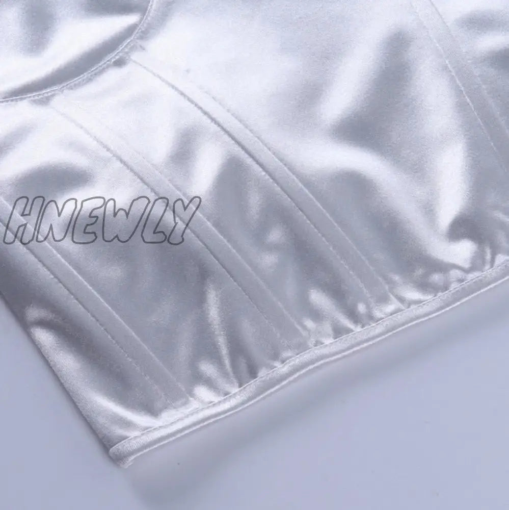 Hnewly Fashion Strapless Lace Satin Spliced Crop Top Elegant Women Back Zipper Summer Short Casual