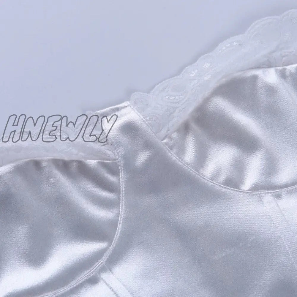 Hnewly Fashion Strapless Lace Satin Spliced Crop Top Elegant Women Back Zipper Summer Short Casual