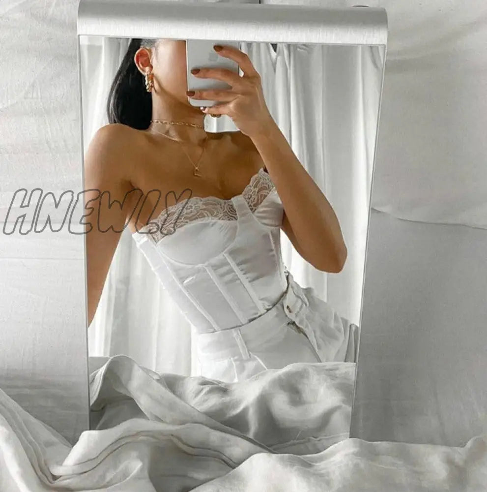 Hnewly Fashion Strapless Lace Satin Spliced Crop Top Elegant Women Back Zipper Summer Short Casual