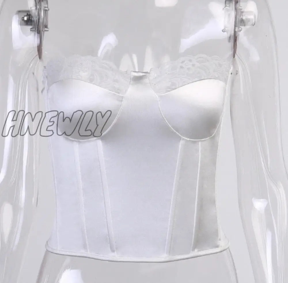 Hnewly Fashion Strapless Lace Satin Spliced Crop Top Elegant Women Back Zipper Summer Short Casual