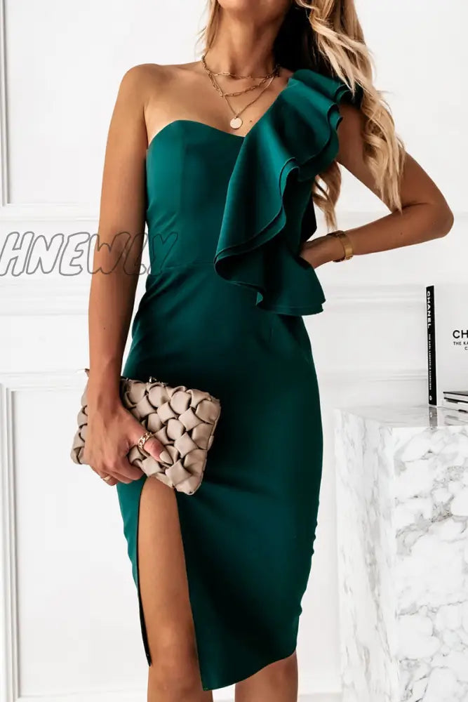 Hnewly - Fashion Street Solid Patchwork Slit One Shoulder Wrapped Skirt Dresses Green / S