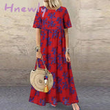 Hnewly Fashion Summer Maxi Dress Women’s Printed Sundress Casual Short Sleeve Vestidos Female