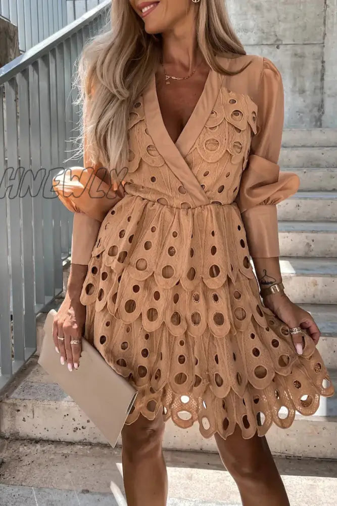 Hnewly - Fashion Sweet Zipper V Neck Cake Skirt Long Sleeve Dresses(3 Colors) Antique Brass / S
