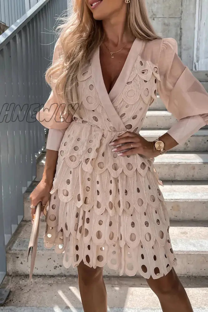 Hnewly - Fashion Sweet Zipper V Neck Cake Skirt Long Sleeve Dresses(3 Colors) Apricot / S