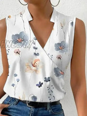 Hnewly Fashion V-Neck Sleeveless Print Women Tops And Blouses Summer Casual White Tank Top Femme