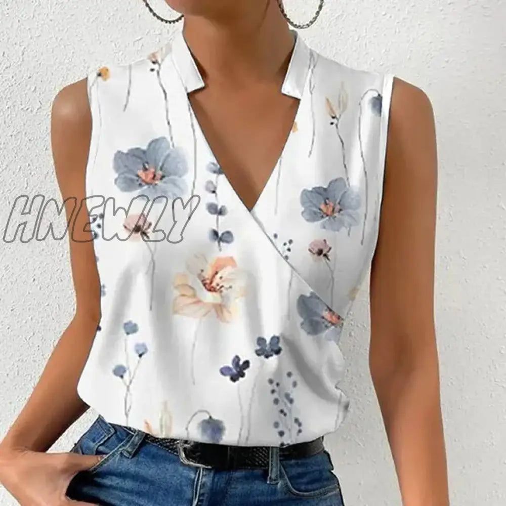 Hnewly Fashion V-Neck Sleeveless Print Women Tops And Blouses Summer Casual White Tank Top Femme
