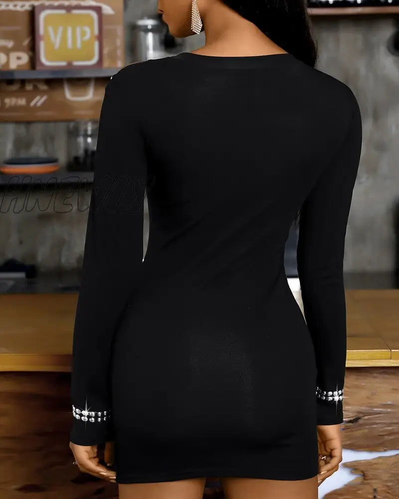 Hnewly Fashion Women Chic Rivet Bag Hip Slim Off Shoulder Dress New Elegant O-Neck Long Sleev Sexy