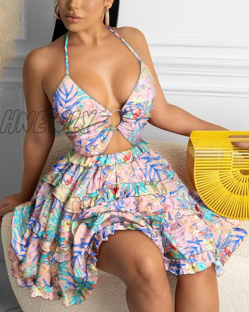 Hnewly Fashion Women Sexy Backless Halter Floral Print Mini Dress Beach Dresses O-Ring Cut-Out