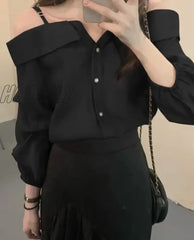 Hnewly Fashion Women Shirts Sexy Off Shoulder Blouse Summer Tops Casual Straps Button Long Sleeve