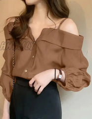 Hnewly Fashion Women Shirts Sexy Off Shoulder Blouse Summer Tops Casual Straps Button Long Sleeve