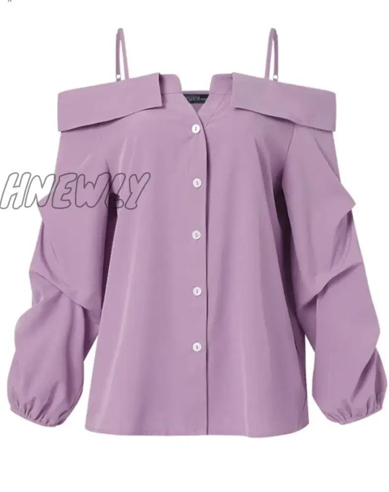 Hnewly Fashion Women Shirts Sexy Off Shoulder Blouse Summer Tops Casual Straps Button Long Sleeve