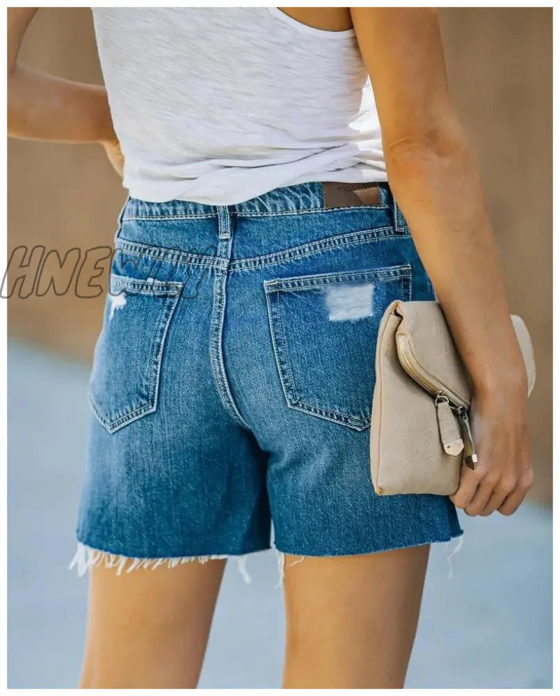 Hnewly Fashion Womens Pocket Short Jeans Buttons Hole Zipper High Waist Denim Shorts Female Summer