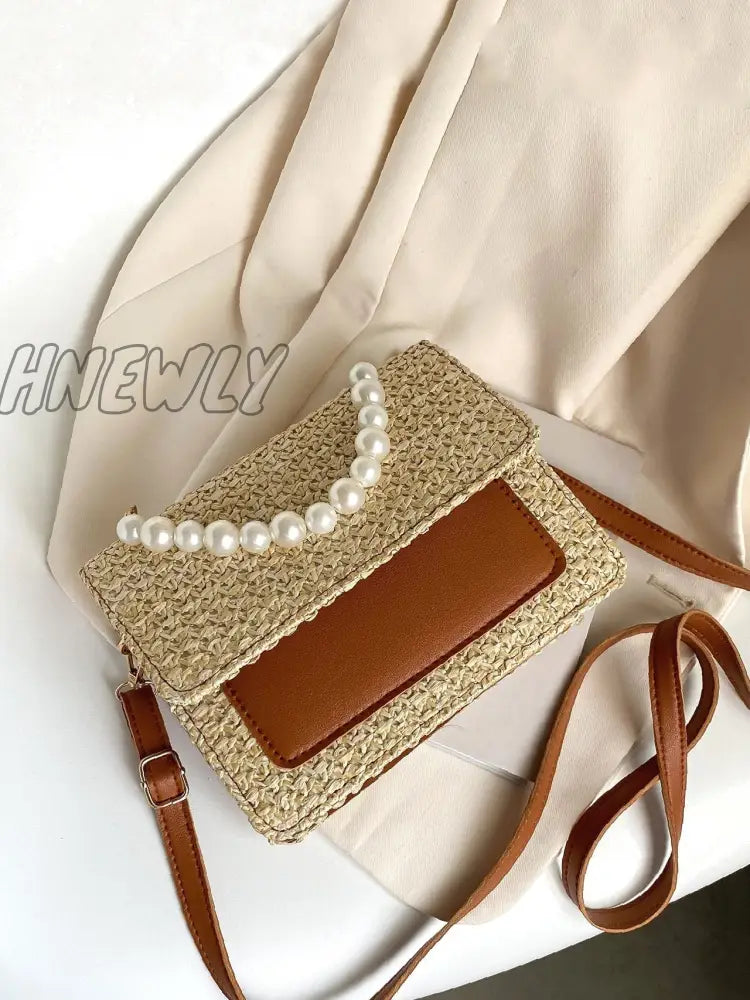 Hnewly - Faux Pearl Decor Flap Square Bag Women Satchels Brown Women-Satchels