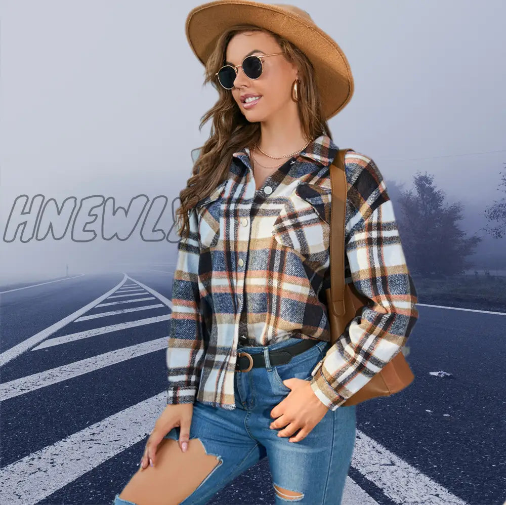 Hnewly Female Coat Plaid Turn-Down Collar Long Sleeve Jacket With Chest Pockets For Women Red Green