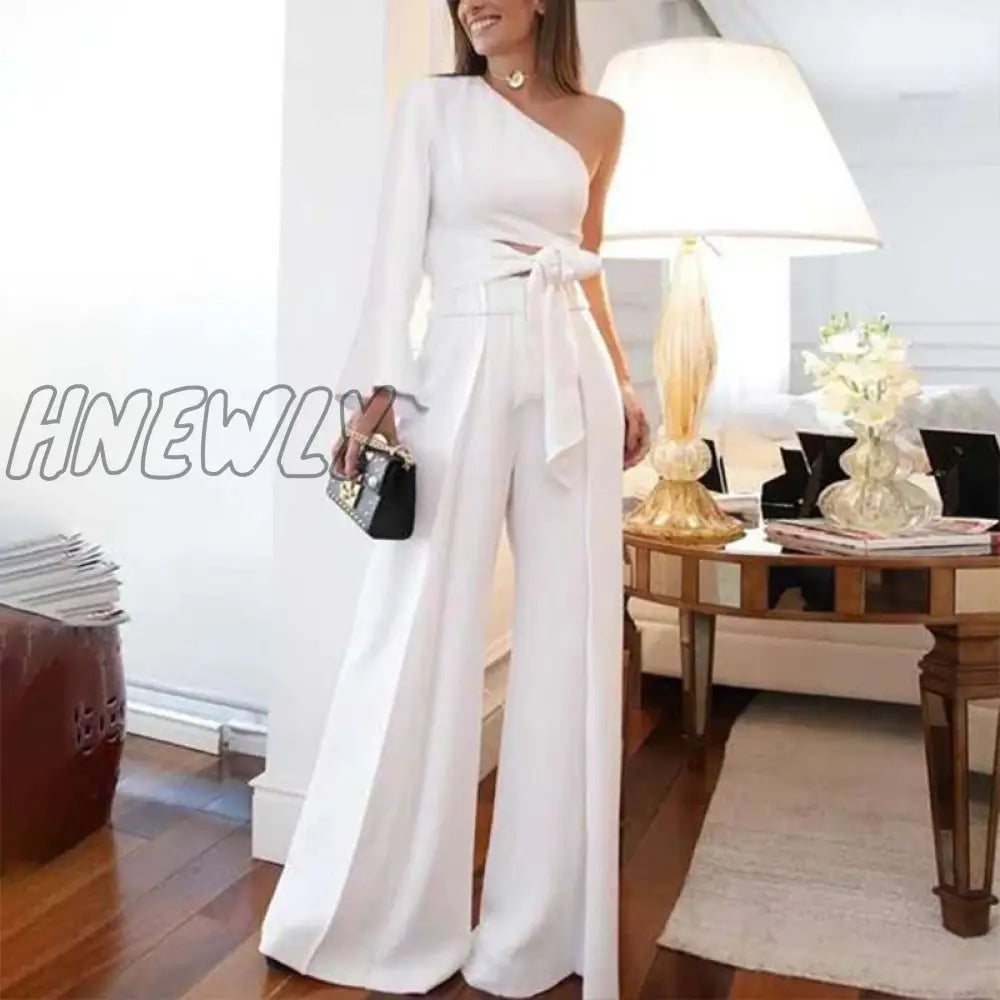 Hnewly Female Vintage Printed Two Piece Sets Spring Elegant One-Shoulder Long Sleeve Tops And Wide