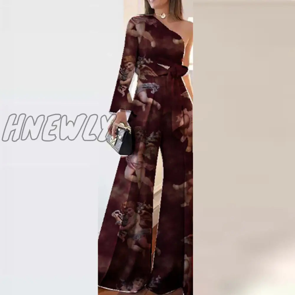 Hnewly Female Vintage Printed Two Piece Sets Spring Elegant One-Shoulder Long Sleeve Tops And Wide