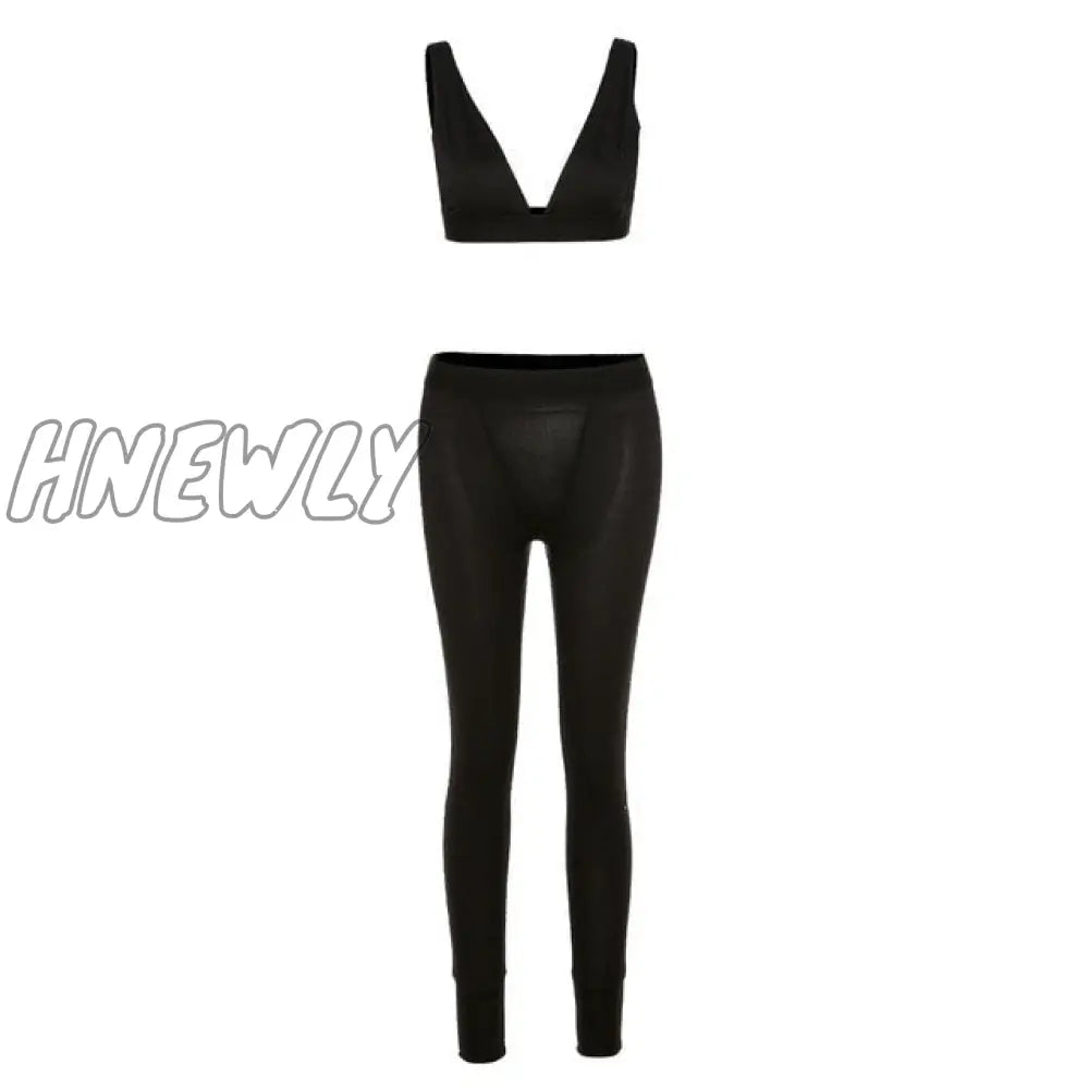 Hnewly Fitness Sporty Women Tracksuit Sleeveless V - Enck Tank Stretchy Leggings Ribbed Bra Two
