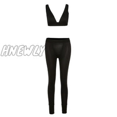 Hnewly Fitness Sporty Women Tracksuit Sleeveless V - Enck Tank Stretchy Leggings Ribbed Bra Two