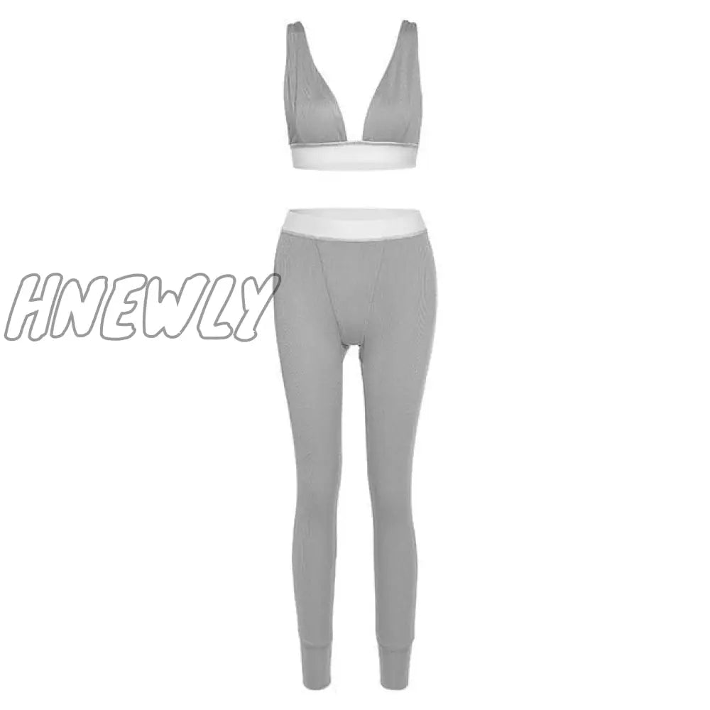 Hnewly Fitness Sporty Women Tracksuit Sleeveless V - Enck Tank Stretchy Leggings Ribbed Bra Two