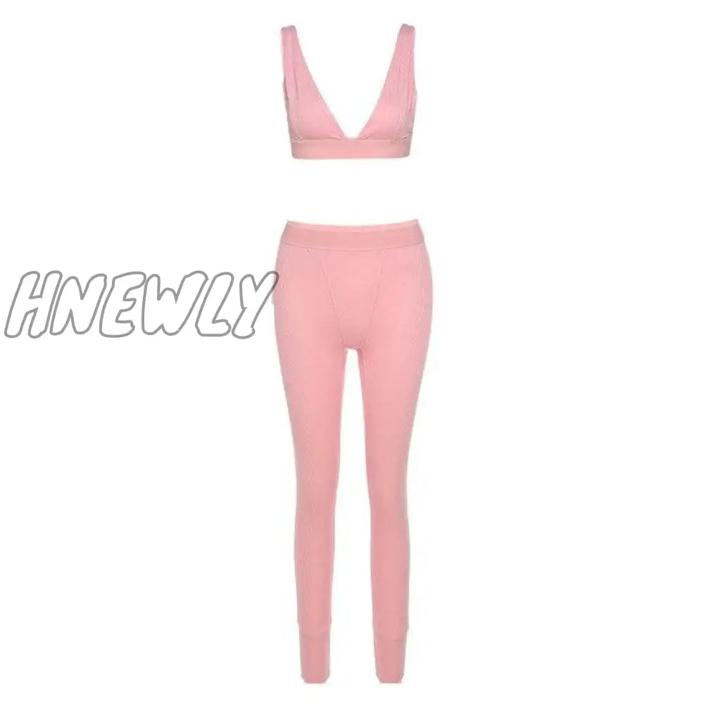 Hnewly Fitness Sporty Women Tracksuit Sleeveless V - Enck Tank Stretchy Leggings Ribbed Bra Two