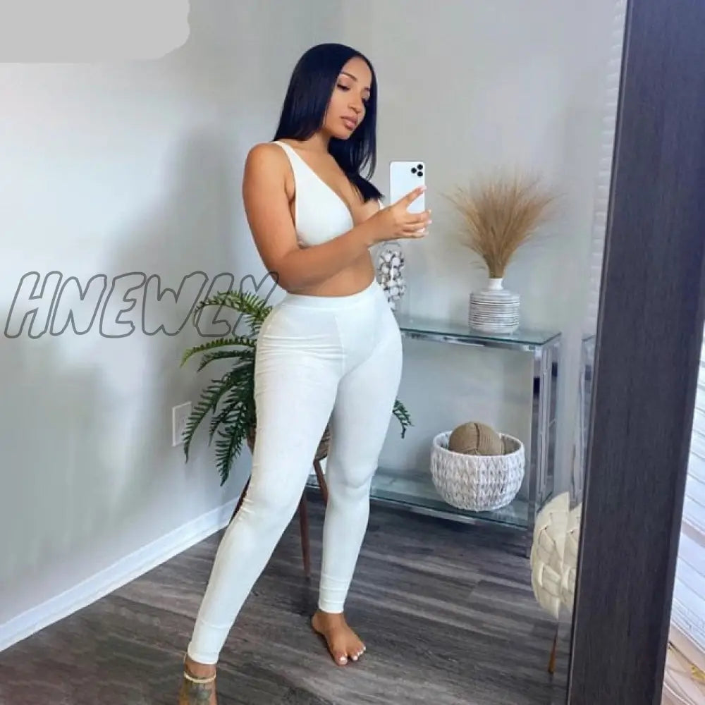 Hnewly Fitness Sporty Women Tracksuit Sleeveless V - Enck Tank Stretchy Leggings Ribbed Bra Two
