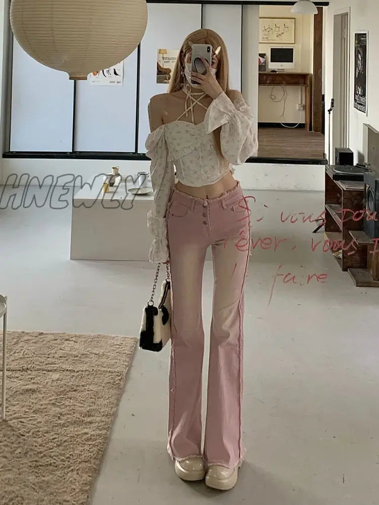 Hnewly Flare Jeans Bleached Washed Gradient Sweet Trendy Slim Y2K Streetwear Harajuku Kawaii Summer