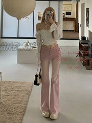 Hnewly Flare Jeans Bleached Washed Gradient Sweet Trendy Slim Y2K Streetwear Harajuku Kawaii Summer