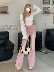Hnewly Flare Jeans Bleached Washed Gradient Sweet Trendy Slim Y2K Streetwear Harajuku Kawaii Summer
