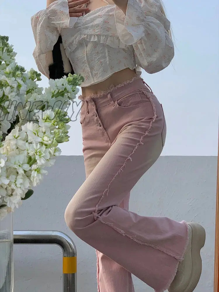 Hnewly Flare Jeans Bleached Washed Gradient Sweet Trendy Slim Y2K Streetwear Harajuku Kawaii Summer