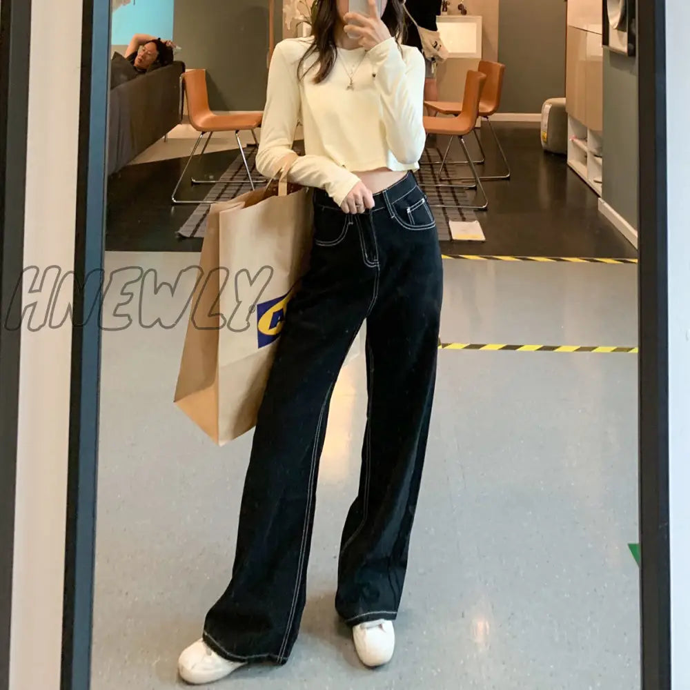 Hnewly Flare Jeans Bleached Washed Gradient Sweet Trendy Slim Y2K Streetwear Harajuku Kawaii Summer