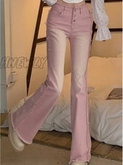 Hnewly Flare Jeans Bleached Washed Gradient Sweet Trendy Slim Y2K Streetwear Harajuku Kawaii Summer