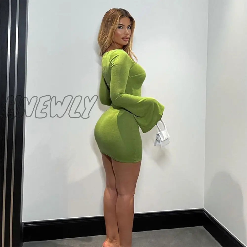 Hnewly Flare Long Sleeve Sexy Party Bodycon Woman Dress Spring Summer V Neck Puff Elegant Robe