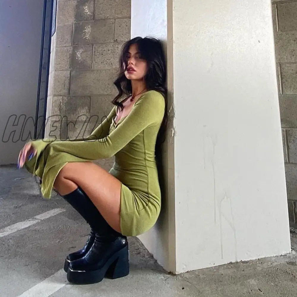Hnewly Flare Long Sleeve Sexy Party Bodycon Woman Dress Spring Summer V Neck Puff Elegant Robe