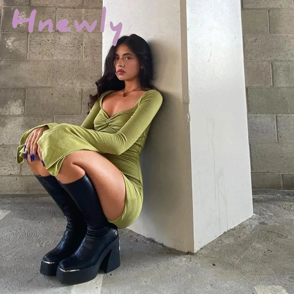 Hnewly Flare Long Sleeve Sexy Party Bodycon Woman Dress Spring Summer V Neck Puff Elegant Robe