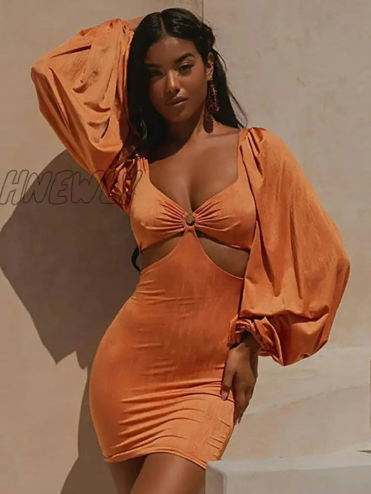 Hnewly Flare Long Sleeve Sexy Party Bodycon Woman Dress Spring Summer V Neck Puff Elegant Robe