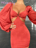 Hnewly Flare Long Sleeve Sexy Party Bodycon Woman Dress Spring Summer V Neck Puff Elegant Robe