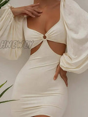Hnewly Flare Long Sleeve Sexy Party Bodycon Woman Dress Spring Summer V Neck Puff Elegant Robe