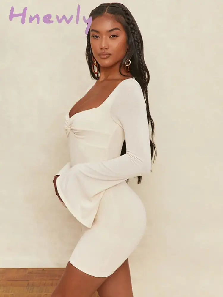 Hnewly Flare Long Sleeve Sexy Party Bodycon Woman Dress Spring Summer V Neck Puff Elegant Robe