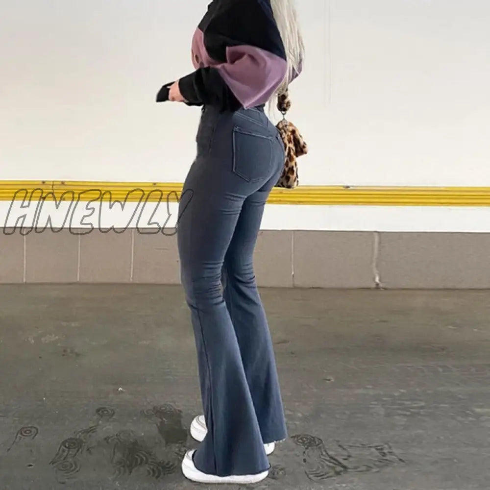 Hnewly Flare Wide Leg Jeans Women Elastic High Waist Skinny Mom Denim Pants Fashion Oversize Casual